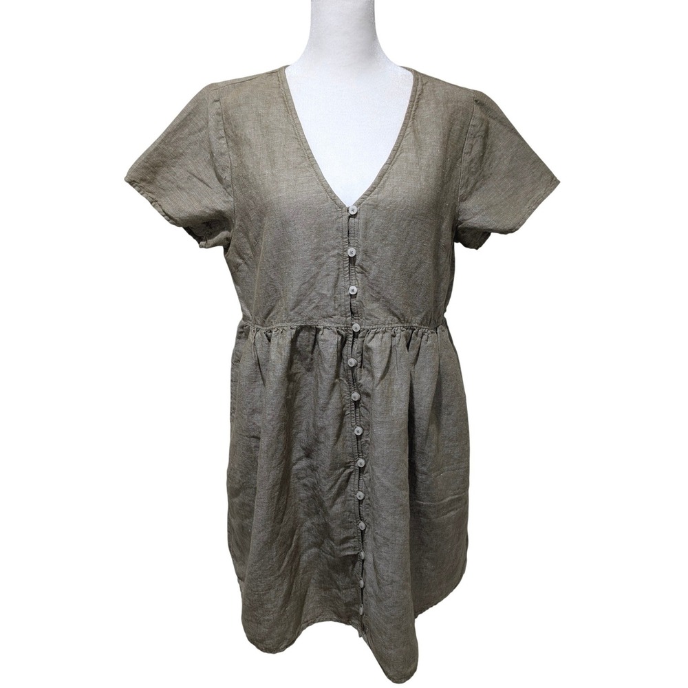 Madewell Linen Blend Button Front Pockets Mini Dress Olive Short Sleeve V-Neck M